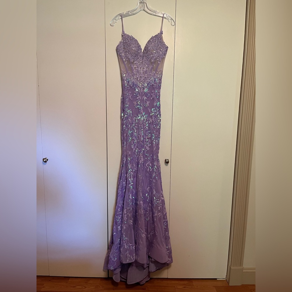 Ellie Wilde lavender sequin, lace and mesh mermaid prom dress ew36003